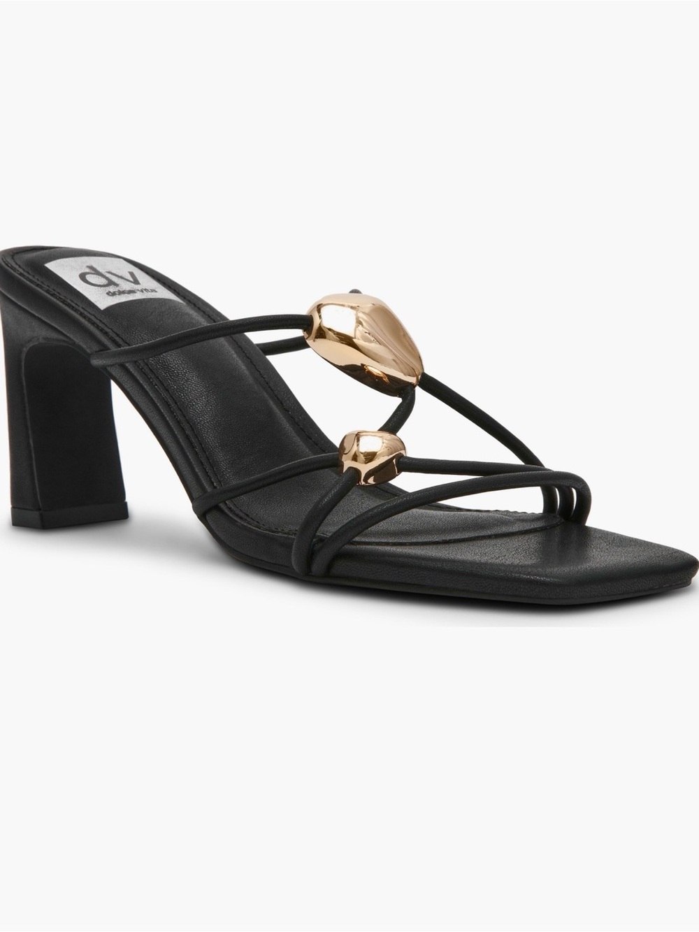 DV by Dolce Vita Black Strappy Block Heel Sandal with Gold Accents size 10